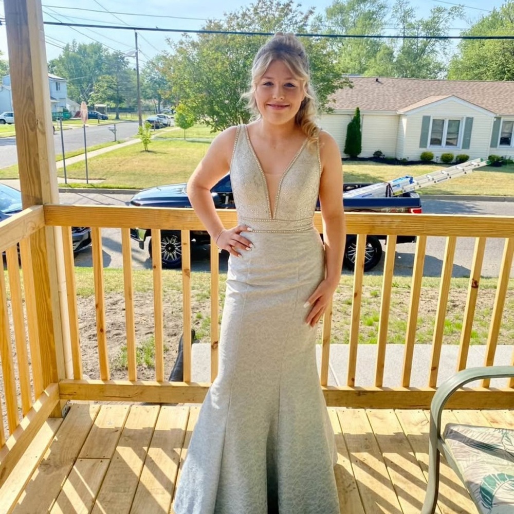 Stunning Silver Plunge Neck Prom Dress